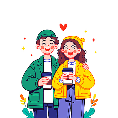 커플 여자 패션 남자 행복 커피 데이트 일러스트 사랑 웃음 상반신 성인 두명 로맨틱 커플룩 아우터 성인만 어깨에손 국내일러스트 AI파일 옷 감정 음료 컨셉 관계 모션 표정 사람 파일형식 벡터