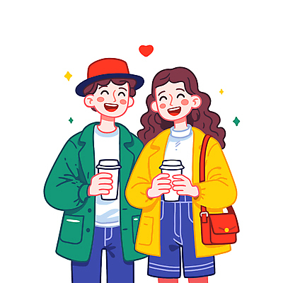 커플 여자 패션 남자 행복 커피 데이트 일러스트 사랑 웃음 상반신 성인 두명 로맨틱 커플룩 아우터 성인만 국내일러스트 AI파일 옷 감정 음료 컨셉 관계 표정 사람 파일형식 벡터