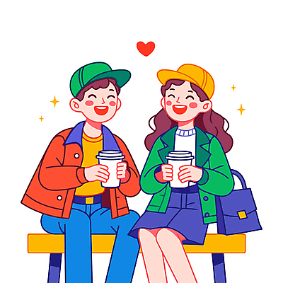 커플 여자 패션 남자 행복 커피 벤치 데이트 일러스트 사랑 웃음 상반신 성인 두명 로맨틱 커플룩 아우터 성인만 국내일러스트 AI파일 옷 감정 음료 컨셉 의자 관계 표정 사람 파일형식 벡터