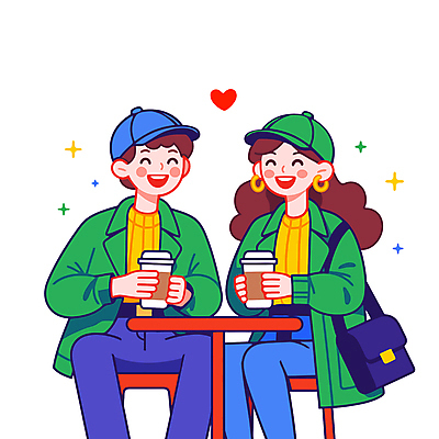 커플 여자 패션 남자 행복 커피 의자 데이트 일러스트 탁자 사랑 웃음 앉기 상반신 성인 두명 로맨틱 커플룩 아우터 성인만 국내일러스트 AI파일 옷 감정 음료 가구 컨셉 관계 모션 표정 사람 파일형식 벡터