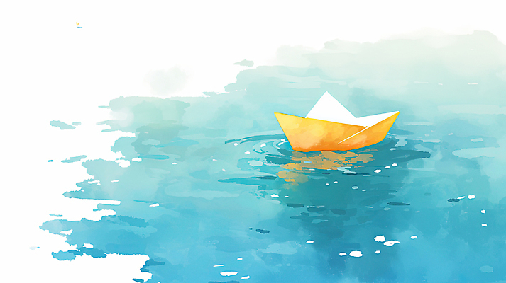 JPG 일러스트 수채화 사람없음 파란색 반사 수면 떠있는 종이배 국내일러스트 AI일러스트 AI콘텐츠 컬러 모션 물 종이접기 파일형식