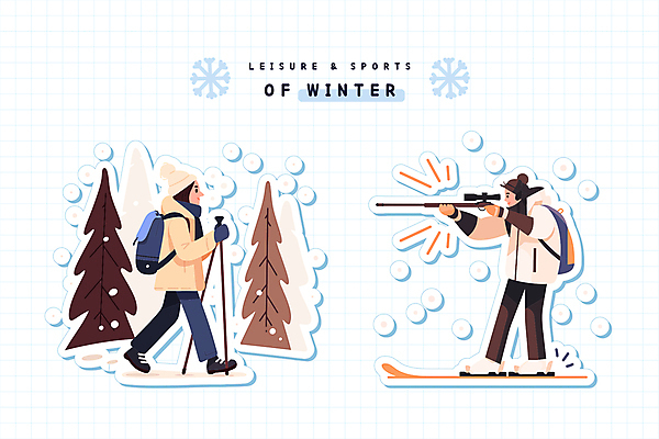 전신 나무 라이프스타일 여자 남자 겨울 일러스트 지팡이 스키 겨울스포츠 눈꽃 성인 두명 레포츠 운동 걷기 트래킹 총 눈 사격 바이애슬론 성인만 국내일러스트 AI파일 자연요소 식물 계절 무기 스포츠 모션 레저 날씨 눈_날씨 건강 사람 생활 파일형식 벡터