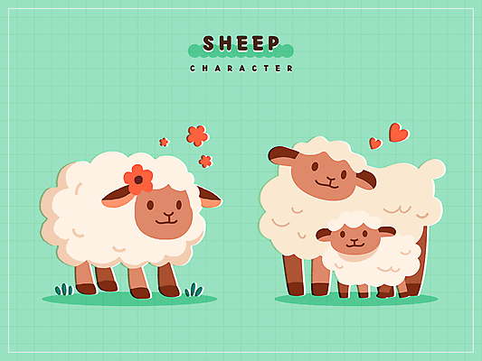동물 꽃 새끼 스티커 일러스트 잔디 사람없음 초록색 귀여움 양 풀 양캐릭터 일러캐릭터 AI파일 식물 캐릭터 컬러 동물캐릭터 컨셉 포유류 파일형식 벡터