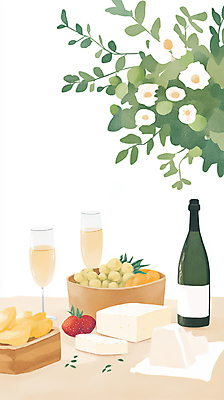 JPG 그릇 기념일 꽃 음식 와인잔 오렌지 일러스트 탁자 딸기 술병 나뭇잎 수채화 치즈 귤 사람없음 파티 와인 샴페인 청포도 연말 미니멀 망고포도 국내일러스트 AI일러스트 AI콘텐츠 식물 식기 가구 잎 술잔 과일 포도 병_용기 유제품 주류 이벤트 파일형식