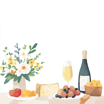JPG 그릇 접시 기념일 꽃 화분 음식 와인잔 오렌지 일러스트 탁자 딸기 나뭇잎 수채화 치즈 사람없음 파티 소시지 샴페인 샴페인잔 망고 연말 미니멀 국내일러스트 AI일러스트 AI콘텐츠 식물 식기 가구 잎 술잔 과일 유제품 주류 이벤트 가공식품 열대과일 파일형식
