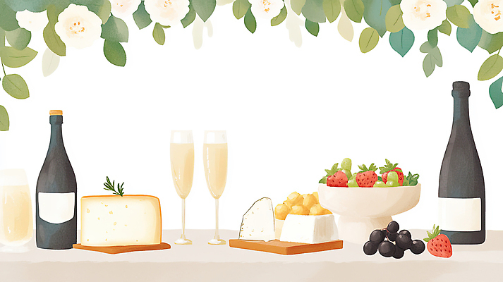 JPG 기념일 꽃 음식 와인잔 오렌지 일러스트 탁자 딸기 술병 나뭇잎 수채화 치즈 귤 사람없음 파티 샴페인 청포도 블루베리 연말 미니멀 망고포도 국내일러스트 AI일러스트 AI콘텐츠 식물 가구 잎 술잔 과일 포도 병_용기 유제품 주류 이벤트 파일형식