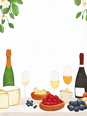 JPG 그릇 기념일 꽃 음식 와인잔 일러스트 탁자 포도 술병 나뭇잎 수채화 사람없음 파티 와인 샴페인 샴페인잔 블루베리 팝콘 베리 감자칩 연말 미니멀 국내일러스트 AI일러스트 AI콘텐츠 식물 식기 가구 잎 술잔 과일 병_용기 주류 이벤트 과자 칩_음식 파일형식
