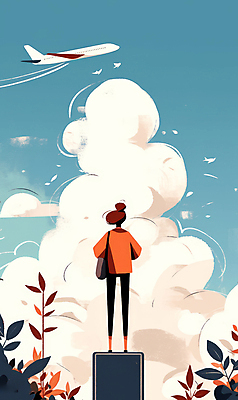 JPG 구름 응시 여자 여행 하늘색 잎 일러스트 하늘 비행기 한명 성인 도시 성인여자한명만 국내일러스트 AI일러스트 AI콘텐츠 자연요소 식물 1 시선 항공교통 대중교통 사람 파란색 여자한명만 성인여자만 파일형식