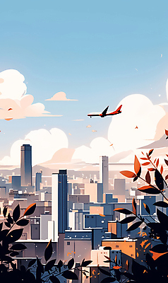 JPG 구름 응시 여행 하늘색 잎 일러스트 하늘 바람 비행기 빌딩 사람없음 건물 도시 국내일러스트 AI일러스트 AI콘텐츠 자연요소 식물 건축물 시선 항공교통 날씨 대중교통 파란색 파일형식