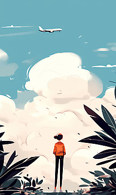 JPG 전신 구름 응시 여자 여행 하늘색 잎 일러스트 하늘 바람 비행기 한명 성인 성인여자한명만 국내일러스트 AI일러스트 AI콘텐츠 자연요소 식물 1 시선 항공교통 날씨 대중교통 사람 파란색 여자한명만 성인여자만 파일형식