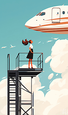 JPG 구름 여자 여행 하늘색 일러스트 하늘 바람 비행기 한명 서기 성인 계단 탑 성인여자한명만 국내일러스트 AI일러스트 AI콘텐츠 자연요소 1 건축물 항공교통 모션 날씨 대중교통 사람 파란색 여자한명만 성인여자만 파일형식