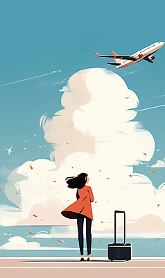 JPG 전신 구름 여자 여행 하늘색 일러스트 하늘 바람 비행기 한명 서기 성인 캐리어 비행 성인여자한명만 국내일러스트 AI일러스트 AI콘텐츠 자연요소 1 항공교통 모션 날씨 대중교통 사람 파란색 여행가방 여자한명만 성인여자만 파일형식