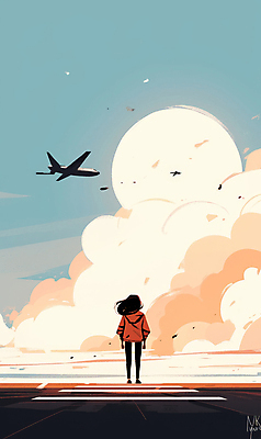 JPG 구름 여자 여행 하늘색 일러스트 하늘 바람 비행기 한명 서기 성인 비행 성인여자한명만 국내일러스트 AI일러스트 AI콘텐츠 자연요소 1 항공교통 모션 날씨 대중교통 사람 파란색 여자한명만 성인여자만 파일형식