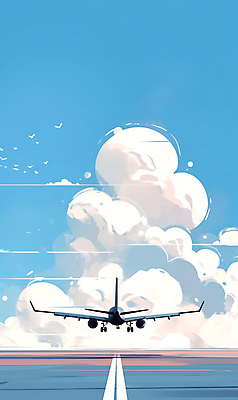 JPG 구름 여행 하늘색 일러스트 하늘 바람 비행기 사람없음 활주로 국내일러스트 AI일러스트 AI콘텐츠 자연요소 길 항공교통 날씨 대중교통 파란색 파일형식