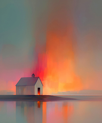 JPG 구름 호수 바다 일러스트 추상 주택 사람없음 반사 노을 주황색 고요 저녁 몽환 국내일러스트 AI일러스트 AI콘텐츠 자연요소 컬러 컨셉 무늬 건물 야간 파일형식