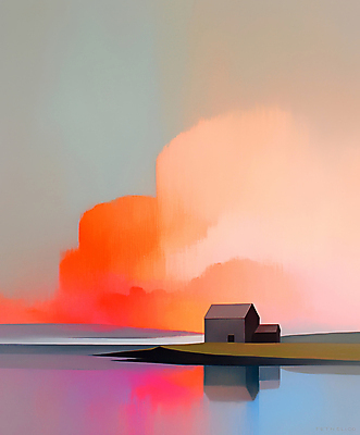 JPG 구름 호수 일러스트 추상 주택 사람없음 빨간색 노을 고요 몽환 국내일러스트 AI일러스트 AI콘텐츠 자연요소 컬러 컨셉 무늬 건물 파일형식