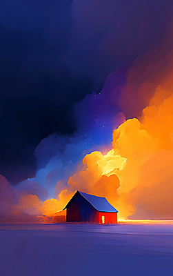 JPG 구름 호수 일러스트 추상 주택 사람없음 반사 주황색 고요 남색 몽환 국내일러스트 AI일러스트 AI콘텐츠 자연요소 컬러 컨셉 무늬 건물 파일형식