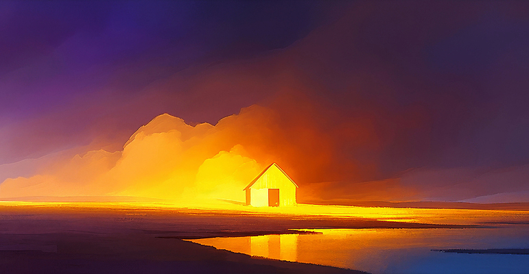 JPG 구름 호수 일러스트 추상 주택 사람없음 반사 노을 주황색 고요 일몰 몽환 국내일러스트 AI일러스트 AI콘텐츠 자연요소 컬러 컨셉 무늬 건물 파일형식