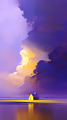 JPG 구름 호수 일러스트 추상 주택 사람없음 노란색 보라색 고요 몽환 국내일러스트 AI일러스트 AI콘텐츠 자연요소 컬러 컨셉 무늬 건물 파일형식