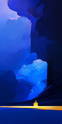 JPG 구름 일러스트 추상 주택 사람없음 파란색 고요 야간 아크릴물감 몽환 국내일러스트 AI일러스트 AI콘텐츠 자연요소 컬러 컨셉 무늬 건물 물감 파일형식