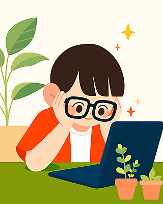 남자 화분 어린이 잎 일러스트 한명 소년 상반신 노트북 잡기 책상 소년한명만 안경낌 눈건강 국내일러스트 AI파일 식물 1 안경 가구 모션 건강 사람 전자제품 남자한명만 소년만 파일형식 벡터