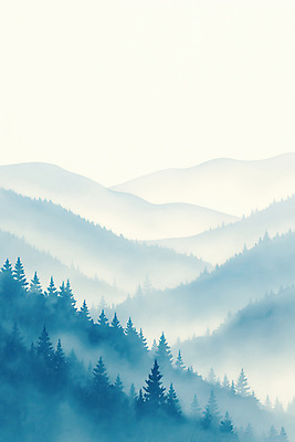 JPG 나무 일러스트 자연 붓터치 산 수묵화 풍경 사람없음 고요 안개 청록색 산맥 국내일러스트 AI일러스트 AI콘텐츠 식물 컬러 날씨 미술 생태계 파일형식