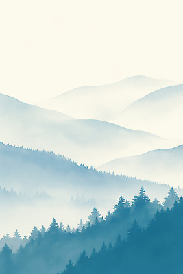 JPG 나무 일러스트 자연 붓터치 산 수묵화 풍경 사람없음 고요 안개 청록색 산맥 국내일러스트 AI일러스트 AI콘텐츠 식물 컬러 날씨 미술 생태계 파일형식