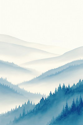 JPG 나무 일러스트 자연 붓터치 산 수묵화 풍경 사람없음 고요 안개 청록색 산맥 국내일러스트 AI일러스트 AI콘텐츠 식물 컬러 날씨 미술 생태계 파일형식