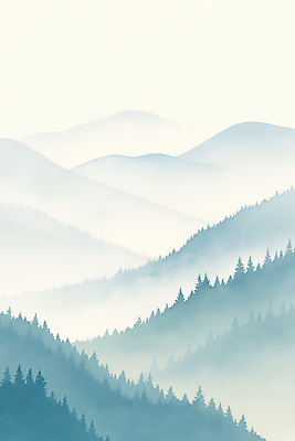 JPG 나무 일러스트 자연 붓터치 산 수묵화 풍경 사람없음 고요 안개 청록색 산맥 국내일러스트 AI일러스트 AI콘텐츠 식물 컬러 날씨 미술 생태계 파일형식