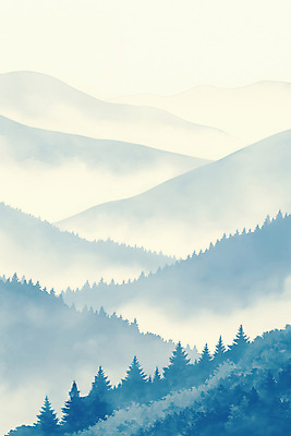 JPG 나무 일러스트 자연 붓터치 산 수묵화 풍경 사람없음 고요 안개 청록색 산맥 국내일러스트 AI일러스트 AI콘텐츠 식물 컬러 날씨 미술 생태계 파일형식