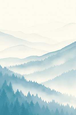 JPG 나무 일러스트 자연 붓터치 산 수묵화 풍경 사람없음 고요 안개 청록색 산맥 국내일러스트 AI일러스트 AI콘텐츠 식물 컬러 날씨 미술 생태계 파일형식