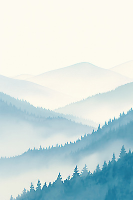 JPG 나무 일러스트 자연 붓터치 산 수묵화 풍경 사람없음 고요 안개 청록색 산맥 국내일러스트 AI일러스트 AI콘텐츠 식물 컬러 날씨 미술 생태계 파일형식