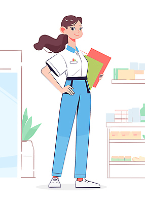 전신 여자 일러스트 친절 한명 서기 미소 웃음 들기 성인 파란색 쇼핑 판매 상품 서비스업 진열장 마트 캐셔 성인여자한명만 국내일러스트 AI파일 직업 1 산업 컬러 모션 표정 사람 상점 여자한명만 성인여자만 파일형식 벡터