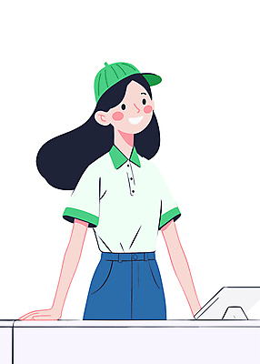여자 일러스트 친절 한명 미소 웃음 상반신 성인 파란색 쇼핑 판매 상품 서비스업 계산대 마트 캐셔 성인여자한명만 국내일러스트 AI파일 직업 1 산업 컬러 표정 사람 상점 여자한명만 성인여자만 파일형식 벡터