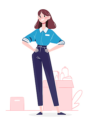 전신 여자 허리손 일러스트 친절 한명 서기 미소 웃음 성인 파란색 쇼핑 상자 판매 상품 서비스업 마트 캐셔 성인여자한명만 국내일러스트 AI파일 직업 1 산업 컬러 포즈 모션 표정 사람 상점 여자한명만 성인여자만 파일형식 벡터