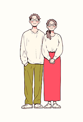 전신 부부 여자 남자 행복 일러스트 가정 가족 서기 웃음 성인 두명 주머니손 손모으기 성인만 국내일러스트 AI파일 커플 감정 관계 모션 표정 사람 손짓 파일형식 벡터