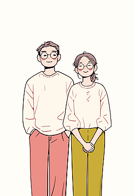 부부 여자 남자 행복 일러스트 가정 가족 서기 웃음 상반신 성인 두명 주머니손 손모으기 성인만 국내일러스트 AI파일 커플 감정 관계 모션 표정 사람 손짓 파일형식 벡터