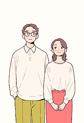 부부 여자 남자 행복 일러스트 가정 가족 서기 웃음 상반신 성인 두명 주머니손 손모으기 성인만 국내일러스트 AI파일 커플 감정 관계 모션 표정 사람 손짓 파일형식 벡터