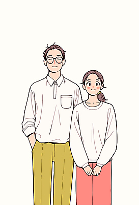 부부 여자 남자 행복 일러스트 가정 가족 서기 웃음 상반신 성인 두명 주머니손 손모으기 성인만 국내일러스트 AI파일 커플 감정 관계 모션 표정 사람 손짓 파일형식 벡터