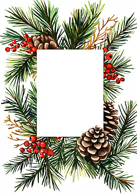 JPG 열매 겨울 일러스트 수채화 크리스마스카드 프레임 사람없음 초록색 갈색 소나무 빈티지 엽서 솔방울 솔잎 전나무 카피스페이스 국내일러스트 AI일러스트 AI콘텐츠 나무 식물 계절 컬러 컨셉 잎 크리스마스 카드_감사 공백 편지 파일형식