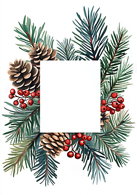 JPG 열매 겨울 일러스트 수채화 크리스마스카드 프레임 사람없음 초록색 갈색 소나무 빈티지 엽서 솔방울 솔잎 전나무 카피스페이스 국내일러스트 AI일러스트 AI콘텐츠 나무 식물 계절 컬러 컨셉 잎 크리스마스 카드_감사 공백 편지 파일형식
