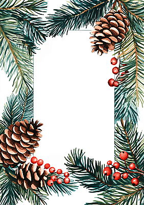 JPG 열매 겨울 일러스트 수채화 크리스마스카드 프레임 사람없음 초록색 갈색 소나무 빈티지 엽서 솔방울 솔잎 전나무 카피스페이스 국내일러스트 AI일러스트 AI콘텐츠 나무 식물 계절 컬러 컨셉 잎 크리스마스 카드_감사 공백 편지 파일형식