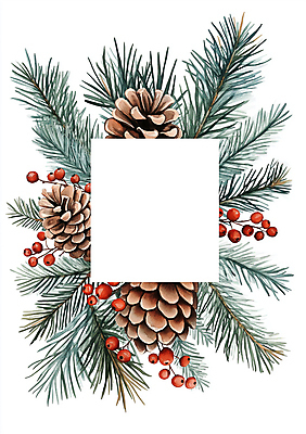 JPG 열매 겨울 일러스트 수채화 크리스마스카드 프레임 사람없음 초록색 갈색 소나무 빈티지 엽서 솔방울 솔잎 전나무 카피스페이스 국내일러스트 AI일러스트 AI콘텐츠 나무 식물 계절 컬러 컨셉 잎 크리스마스 카드_감사 공백 편지 파일형식