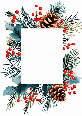 JPG 열매 겨울 일러스트 수채화 크리스마스카드 프레임 사람없음 파란색 갈색 소나무 빈티지 엽서 솔방울 솔잎 전나무 카피스페이스 국내일러스트 AI일러스트 AI콘텐츠 나무 식물 계절 컬러 컨셉 잎 크리스마스 카드_감사 공백 편지 파일형식