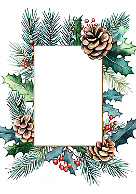 JPG 열매 겨울 일러스트 수채화 크리스마스카드 프레임 사람없음 파란색 갈색 소나무 빈티지 엽서 솔방울 솔잎 전나무 카피스페이스 국내일러스트 AI일러스트 AI콘텐츠 나무 식물 계절 컬러 컨셉 잎 크리스마스 카드_감사 공백 편지 파일형식