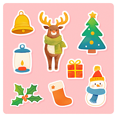 잡화 계절 기념일 꽃 컬러 크리스마스장식 크리스마스 휴가 사슴 조명 양말 선물 상자 파일형식 램프 사람없음 엘리먼트 겨울 홀리데이 스티커 오브젝트 세트 종 루돌프 눈사람 선물상자 목도리 포인세티아 크리스마스트리 PSD 일러스트 산타양말 크리스마스양말 분홍색 국내일러스트 수채화