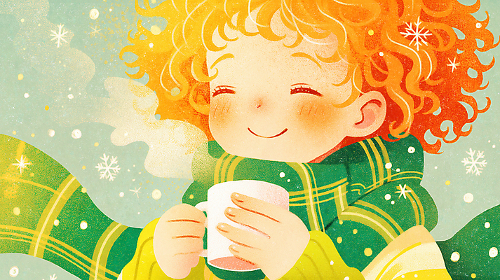 JPG 여자 행복 음료 어린이 겨울 일러스트 눈꽃 따뜻함 한명 미소 웃음 소녀 상반신 초록색 목도리 머그컵 눈 수증기 소녀한명만 국내일러스트 AI일러스트 AI콘텐츠 자연요소 1 잡화 계절 감정 컬러 날씨 눈_날씨 표정 사람 컵 여자한명만 소녀만 파일형식