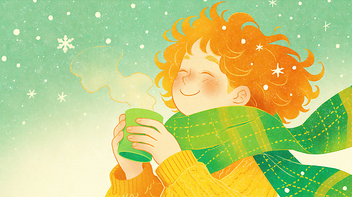 JPG 여자 행복 음료 어린이 겨울 일러스트 눈꽃 따뜻함 한명 미소 웃음 소녀 상반신 초록색 목도리 머그컵 눈 수증기 소녀한명만 국내일러스트 AI일러스트 AI콘텐츠 자연요소 1 잡화 계절 감정 컬러 날씨 눈_날씨 표정 사람 컵 여자한명만 소녀만 파일형식