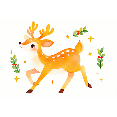 JPG 한마리 잎 크리스마스 일러스트 사슴 수채화 사람없음 장식 국내일러스트 AI일러스트 AI콘텐츠 식물 1 기념일 포유류 파일형식