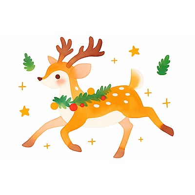 JPG 한마리 잎 크리스마스 일러스트 사슴 수채화 사람없음 장식 국내일러스트 AI일러스트 AI콘텐츠 식물 1 기념일 포유류 파일형식